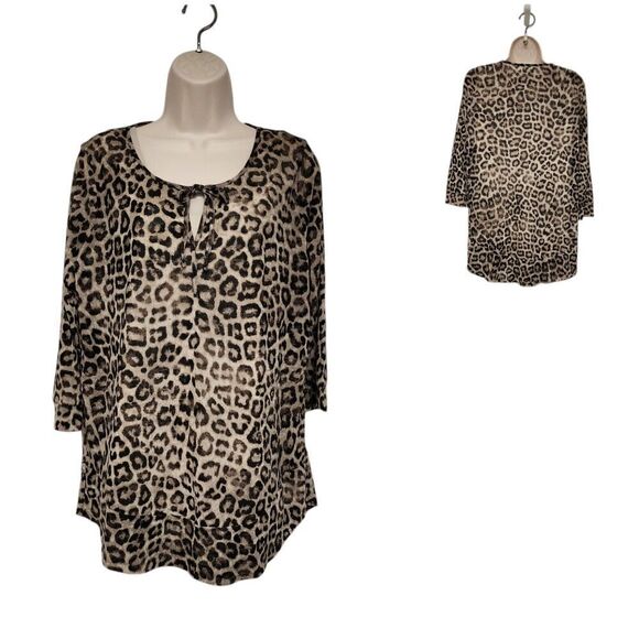 Chico's Leopard Animal Print 2 PC Sheer Tunic Blouse 3/4 Sleeve Color Brown L - Picture 1 of 12